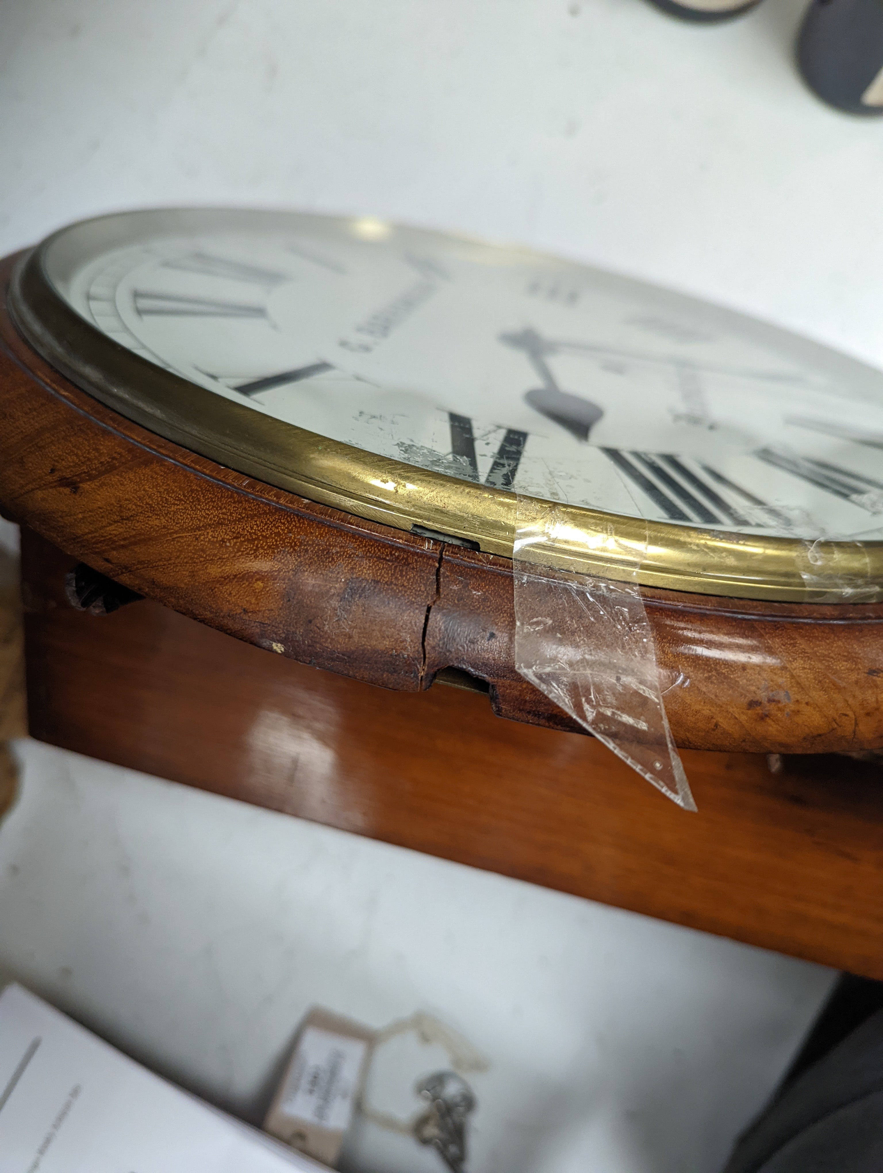 G. Barham & son, Hawkhurst mahogany drop dial wall clock clock 50cm, Single fusee movement